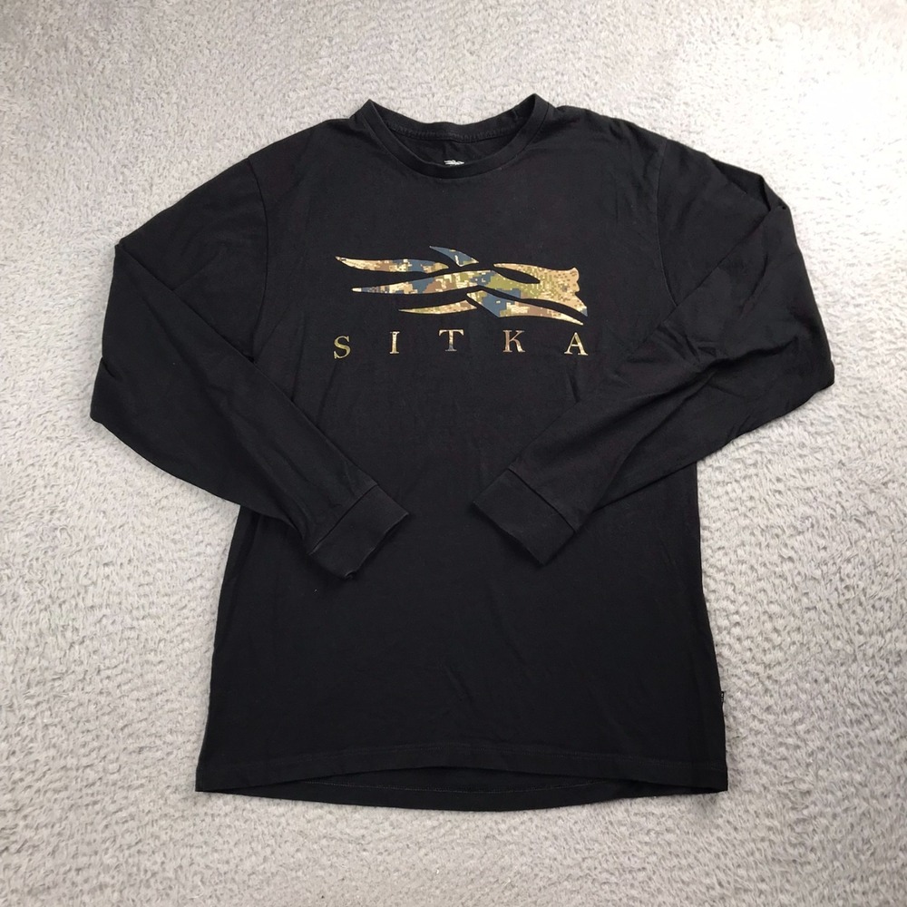 Sitka Gear Icon Long Sleeve Tee Shirt Mens M Black Graphic Logo Pima Cotton Crew